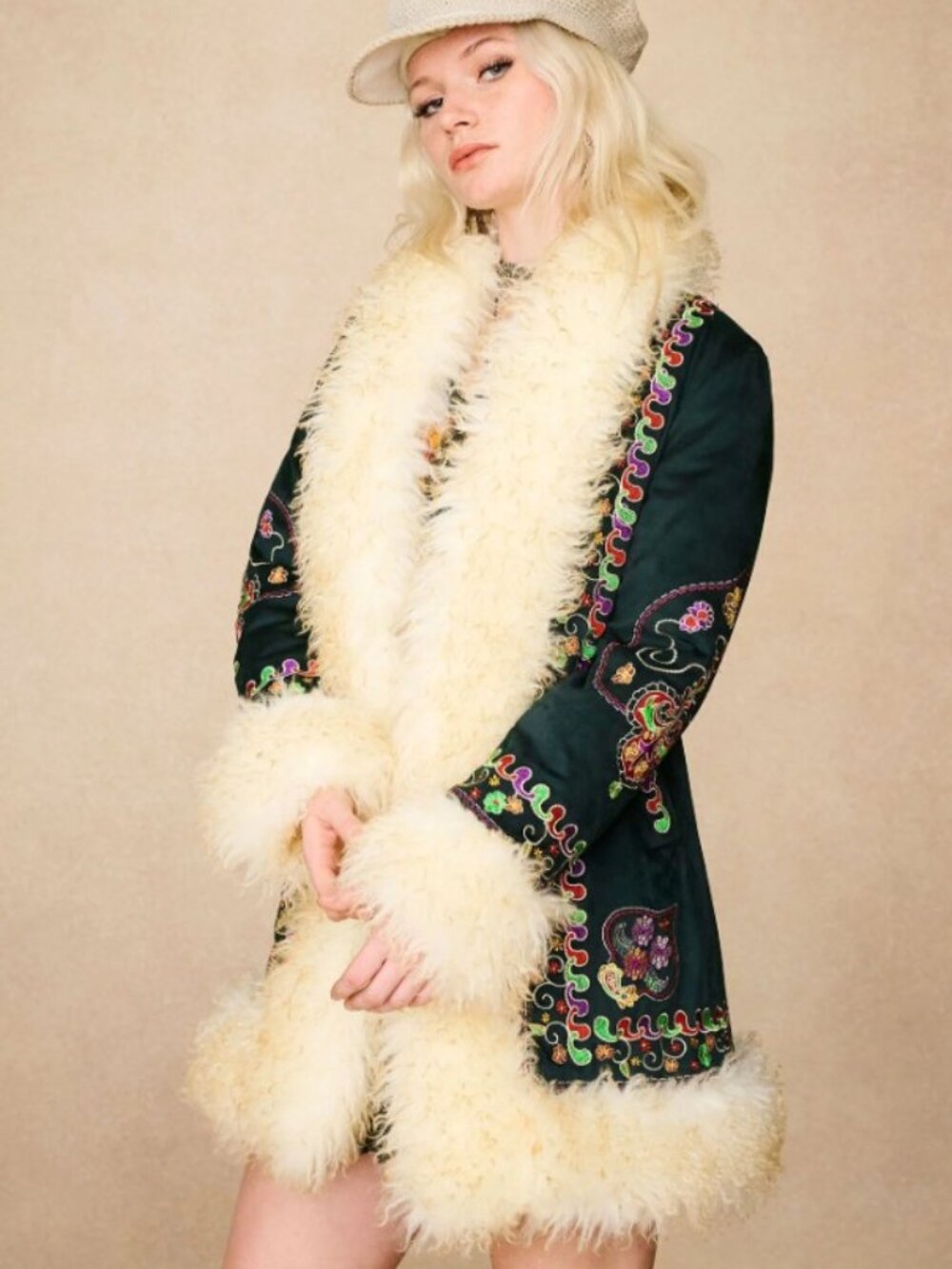 The Hippy Shake - Breaking Hearts Green Embroidered Penny Lane Coat
